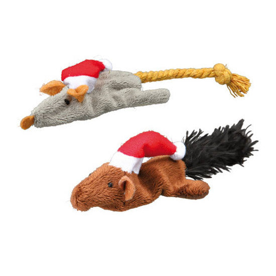 92382 2 Xmas Mice/Squirrels, plush, on cards, 14-17 cm