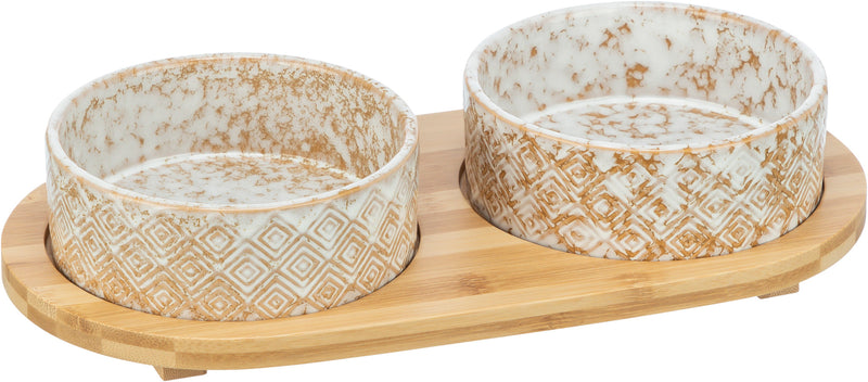 24828 Bowl set, ceramic/bamboo, 2 x 0.3 l/diam. 12 cm/30 x 6 x 15 cm, white-light brown/li